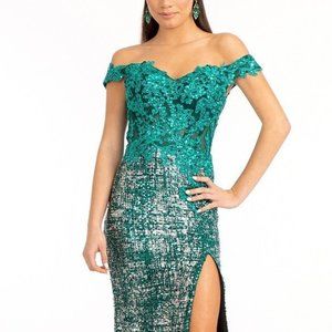 EMERALD Sheer Bodice Cut-Away Shoulder Lace-Up Back Sequin Dress Leg Slit gl3024